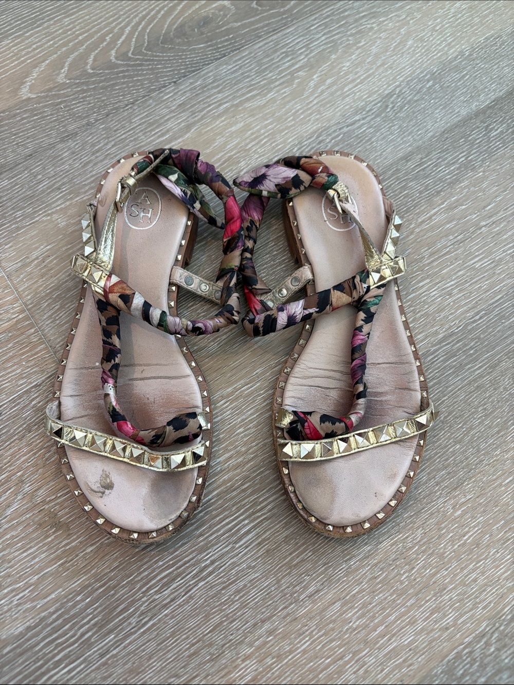 ASH Gold Studded Floral Strap Womens Sandals